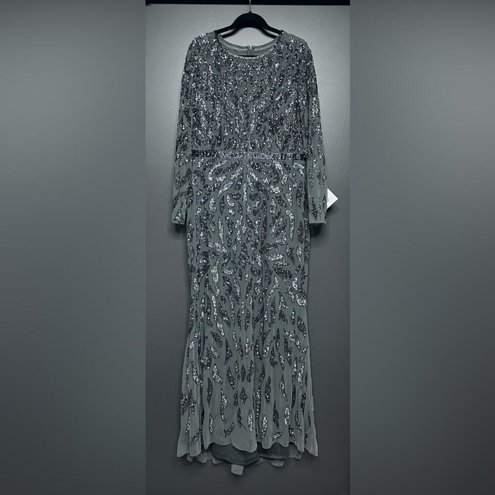 NWT Mac Duggal 5124 Beaded Long Sleeve Evening Gown Charcoal 18 - Picture 5 of 8